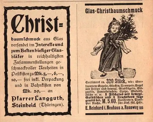 original Werbung - 1901 - Pfarrer Langguth in Steinheid und E. Reinhard i. Neuhaus a. Rennweg , Christbaumschmuck !!!