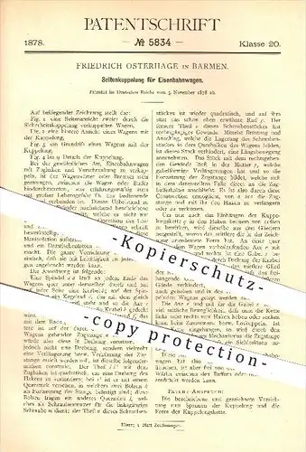 original Patent - Friedrich Osterhage in Barmen , 1878 , Kupplung für Eisenbahnen , Eisenbahn , Lokomotive , Fahrzeugbau