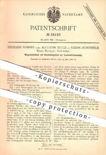 original Patent - H. Sommer u. A. Kluge , Nieder-Schönfeld , Bunzlau  / Boleslawie , Schlesien , 1886, Wagenhebebock !!!