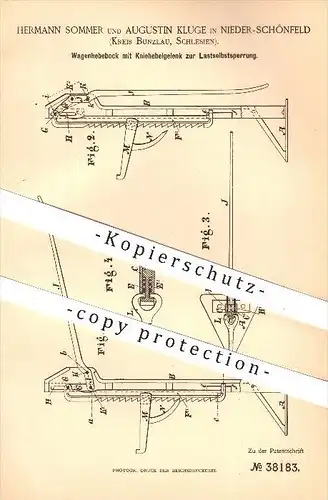 original Patent - H. Sommer u. A. Kluge , Nieder-Schönfeld , Bunzlau  / Boleslawie , Schlesien , 1886, Wagenhebebock !!!