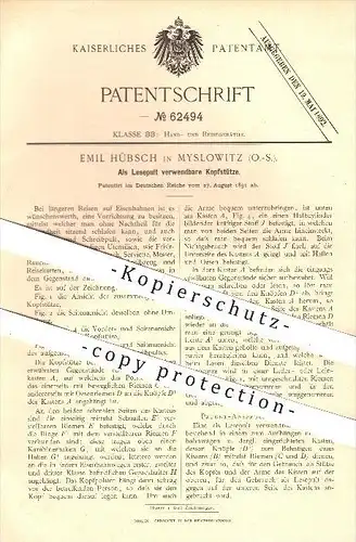 original Patent - Emil Hübsch in Myslowitz / Myslowice , 1891 , Als Lesepult verwendbare Kopfstütze , Schlesien !!