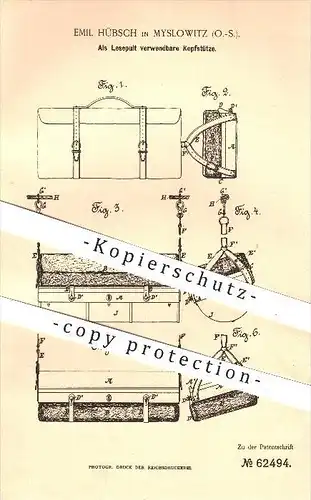 original Patent - Emil Hübsch in Myslowitz / Myslowice , 1891 , Als Lesepult verwendbare Kopfstütze , Schlesien !!