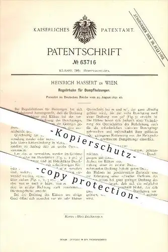 original Patent - Heinrich Hassert in Wien , 1891 , Regulierhahn für Dampfheizungen , Heizung , Heizungen , Dampf !!!