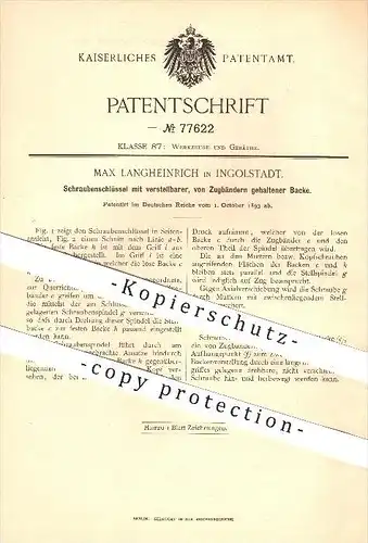 original Patent - M. Langheinrich , Ingolstadt , 1893, Schraubenschlüssel mit verstellbarer Backe , Werkzeug , Schlosser