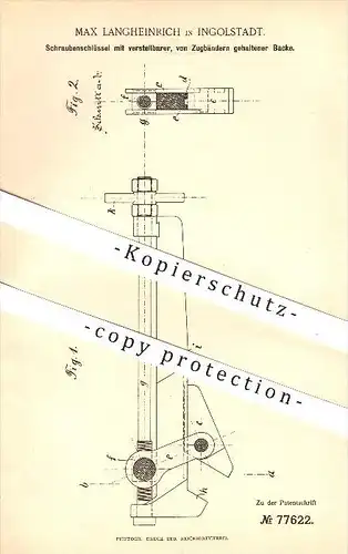 original Patent - M. Langheinrich , Ingolstadt , 1893, Schraubenschlüssel mit verstellbarer Backe , Werkzeug , Schlosser