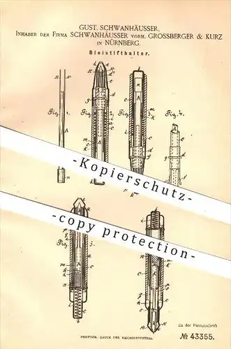 original Patent - Gust. Schwanhäusser , Grossberger & Kurz in Nürnberg , 1887 , Bleistifthalter , Bleistift , Stift !!!