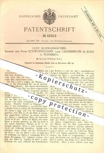 original Patent - Gust. Schwanhäusser , Grossberger & Kurz in Nürnberg , 1887 , Bleistifthalter , Bleistift , Stift !!!
