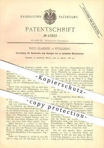 original Patent - Fritz Glaenzel in Stollberg , 1888 , Spielwerk mit Anzeige des zu spielenden Musikstückes , Spieldose