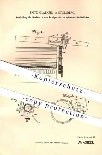 original Patent - Fritz Glaenzel in Stollberg , 1888 , Spielwerk mit Anzeige des zu spielenden Musikstückes , Spieldose