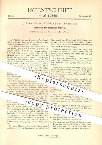 original Patent - J. Bonny in Stolberg , Bahnhof , 1880 , Gasmesser für chemische Analysen , Messung , Gas , Chemie !!!