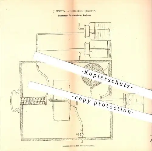 original Patent - J. Bonny in Stolberg , Bahnhof , 1880 , Gasmesser für chemische Analysen , Messung , Gas , Chemie !!!
