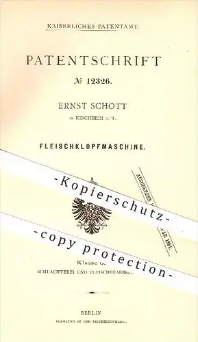 original Patent - Ernst Schott in Kirchheim i. T. , 1880 , Fleischklopfmaschine , Fleischer , Fleisch , Schlachterei !!!