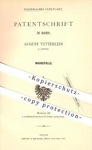 original Patent - August Vetterlein , Leipzig , 1878, Mausefalle , Maus , Mäuse , Tiere , Tierfalle , Falle , Schädlinge