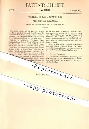 original Patent - Wilhelm Ehlis in Remscheid , 1879 , Blechschere aus Gussstahlblech , Schere , Blech , Gussstahl , Guss