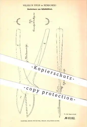 original Patent - Wilhelm Ehlis in Remscheid , 1879 , Blechschere aus Gussstahlblech , Schere , Blech , Gussstahl , Guss