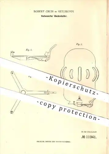 original Patent - Robert Gruis in Heilbronn , Glockenhalter , Glocke , Beleuchtung , Lampe , Licht !!!