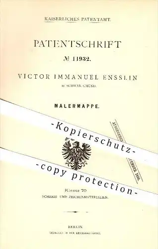 original Patent - Victor Immanuel Ensslin in Schwäbisch Gmünd , 1880 , Malermappe , Maler , Künstler , Kunst , Zeichnen