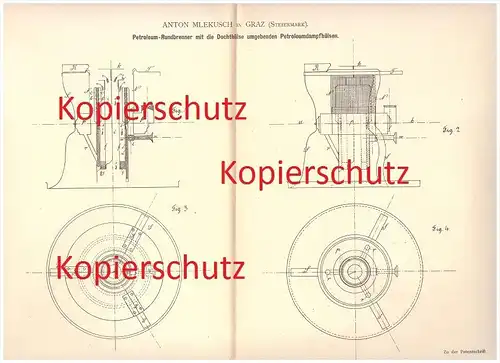 original Patent - Anton Mlekusch in Graz , Steiermark , 1880 , Petroleum - Rundbrenner , Brenner , Beleuchtung , Licht !
