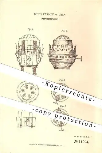 original Patent - Otto Passow , Wien ,1880, Petroleumbrenner , Petroleum , Brenner , Beleuchtung , Licht , Lampe , Docht