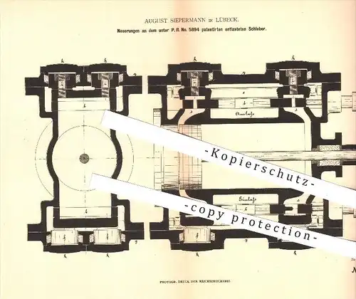 original Patent - August Siepermann in Lübeck , 1880 , entlasteter Schieber , Dampfmaschinen , Dampf , Zylinder !!!