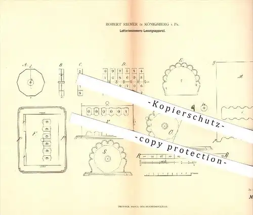 original Patent - Robert Riemer , Königsberg i. Pr. , 1880 , Lotterienummern-Losungsapparat , Lotto , Lottospiel , Spiel