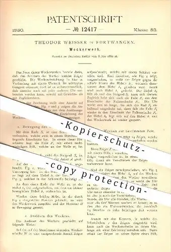 original Patent - Theodor Weisser in Furtwangen , 1880 , Weckerwerk , Wecker , Uhrwerk , Uhr , Uhren , Uhrmacher , Zeit