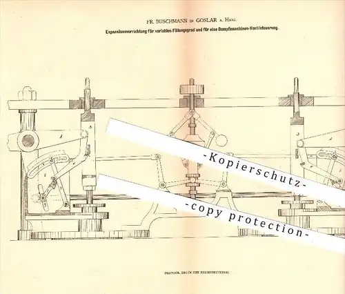 original Patent - Fr. Buschmann in Goslar a. Harz , 1880 , Expansion an Dampfmaschinen - Ventil - Steuerung , Dampf !!!