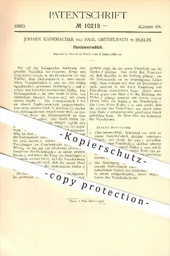 original Patent - Johann Rademacher , Paul Grüdelbach , Berlin , 1880 , Flaschenverschluss , Flasche , Flaschen !!!