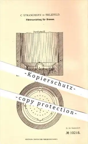 original Patent - C. Strangmann in Bielefeld , 1880 , Filtriervorrichtung für Brunnen , Filter , Filtern , Wasser !!!