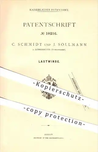 original Patent - C. Schmidt und J. Sollmann in Königshütte , 1879 , Lastwinde , Winde , Schlesien !!!