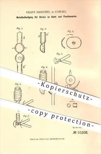 original Patent - Franz Birnstiel , Coburg , 1879 , Befestigung für Henkel an Korbwaren u. Flechtwaren , Korb , Beschlag