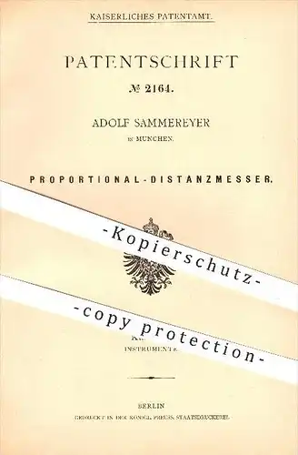 original Patent - Adolf Sammereyer in München , 1877 , Proportional - Distanzmesser , Distanz , Fernrohr , Entfernung !!