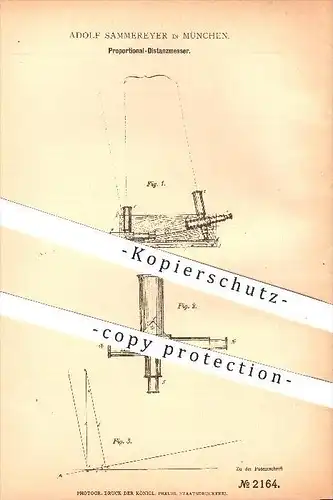 original Patent - Adolf Sammereyer in München , 1877 , Proportional - Distanzmesser , Distanz , Fernrohr , Entfernung !!