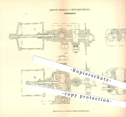 original Patent - Johann Kernaul in München-Giesing , 1878 , Schmierapparat , Lokomotive , Eisenbahn , Dampfmaschinen !!