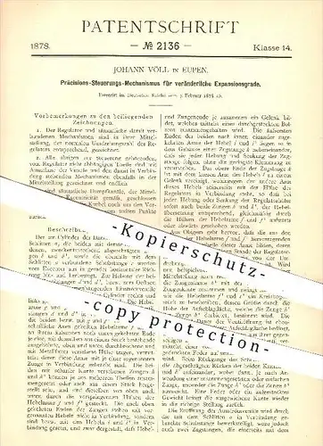original Patent - Johann Völl in Eupen , 1878 , Steuerungs für Expansionsgrade , Dampfmaschinen , Dampf , Regulator !!!