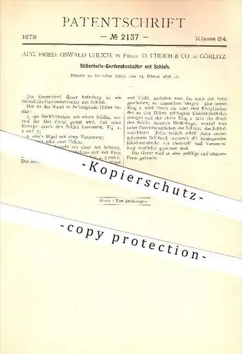 original Patent - Aug. F. Oswald Uhlich , O. Uhlich & Co. , Görlitz , 1878 , Garderobenhalter mit Schloss , Garderobe !!