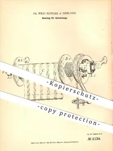 original Patent - Fr. Wilh. Klincke in Iserlohn , 1878 , Beschlag für Rollvorhänge , Vorhänge , Gardinen , Fenster !!!