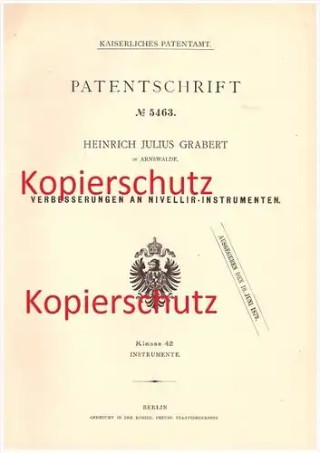 original Patent - Heinrich J. Grabert in Arnswalde , 1878 , Nevellier - Instrumente , Nevellieren , Vermessen , Fernrohr
