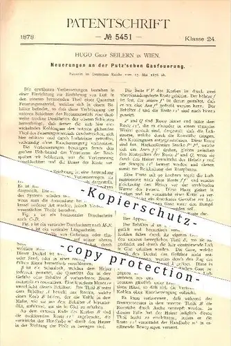 original Patent - Hugo Graf Seilern in Wien , 1878 , Putz'sche Gasfeuerung , Gas , Feuer , Ofen , Öfen , Heizung !!!