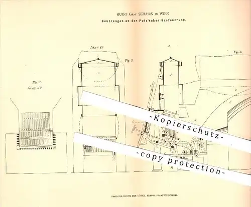 original Patent - Hugo Graf Seilern in Wien , 1878 , Putz'sche Gasfeuerung , Gas , Feuer , Ofen , Öfen , Heizung !!!