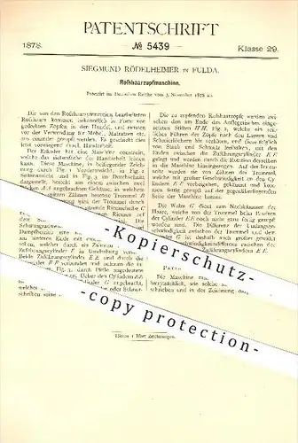 original Patent - Siegmund Rödelheimer in Fulda , 1878 , Rosshaar - Zupfmaschine , Pferd , Pferde , Haare , Ross , Tiere