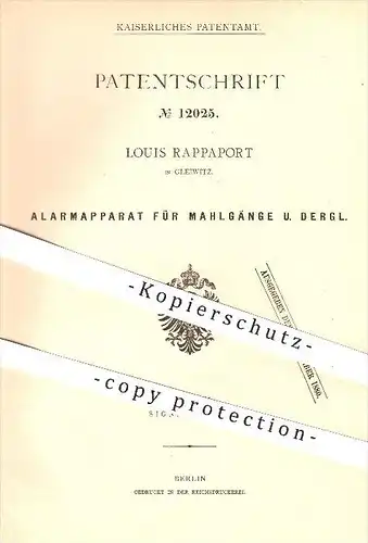original Patent - Louis Rappaport in Gleiwitz , 1880 , Alarmapparat für Mahlgänge , Mahlen , Mühle , Mühlen , Müller !!!
