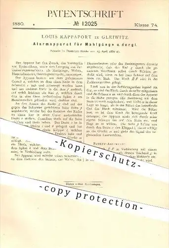 original Patent - Louis Rappaport in Gleiwitz , 1880 , Alarmapparat für Mahlgänge , Mahlen , Mühle , Mühlen , Müller !!!