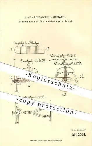 original Patent - Louis Rappaport in Gleiwitz , 1880 , Alarmapparat für Mahlgänge , Mahlen , Mühle , Mühlen , Müller !!!