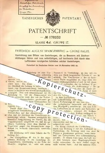 original Patent - Friedrich August Spangenberg in Grosz-Salze / Schönebeck , 1905 , Öffnen von Gasleitungen , Gas