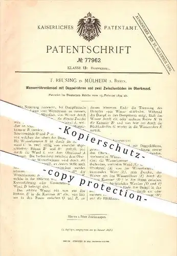 original Patent - F. Reusing in Mülheim a. Rhein , 1894 , Wasserröhrenkessel , Dampfkessel , Kessel , Dampfmaschinen !!!