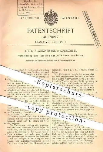 original Patent - Otto Blankmeister in Dresden , 1905 , Strecken und Aufwickeln von Seilen , Seil , Tau , Flaschenzug !!
