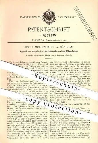 original Patent - Adolf Moldenhauer in München , 1893 , Ausschank von kohlensäurehaltigen Getränken !!!