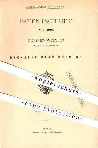 original Patent - Richard Wolters in Schwerte , 1880 , Drehscheibensicherung , Eisenbahn , Eisenbahnen , Lokomotive !!!