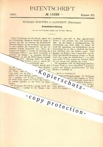 original Patent - Richard Wolters in Schwerte , 1880 , Drehscheibensicherung , Eisenbahn , Eisenbahnen , Lokomotive !!!
